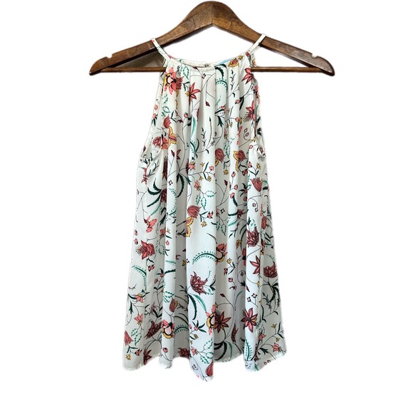 CeCe Tops - CeCe Floral Halter Neck Blouse Womens XS White Sleeveless Pleated Top Excellent